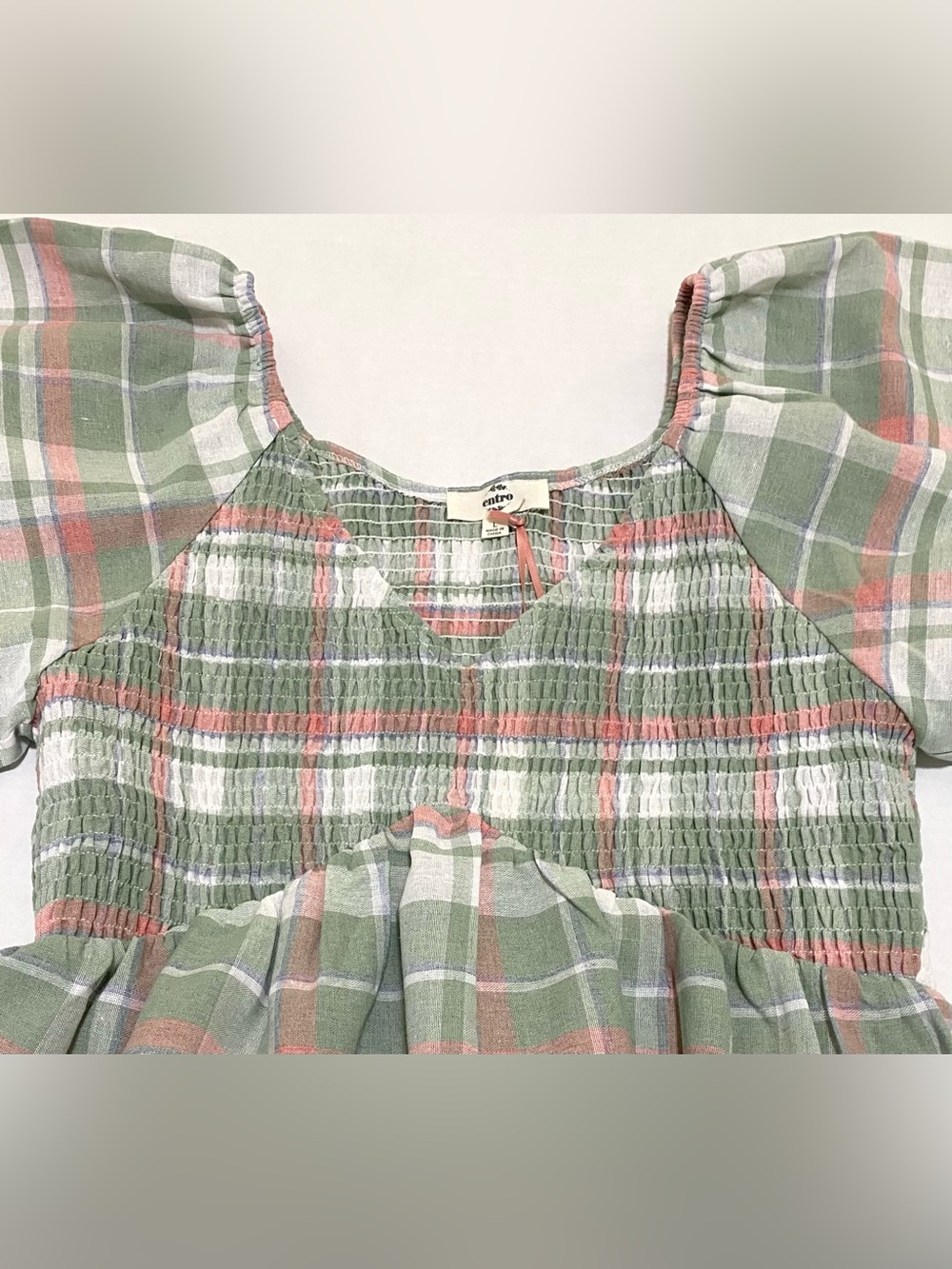 Entro Womens L Green Plaid Puff Sleeve Peplum Top Summer Preppy Fairy Feminine - Picture 5 of 15